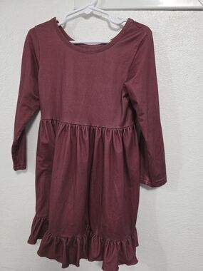 Girls Long Sleeve Burgundy Ruffle Hem Dress